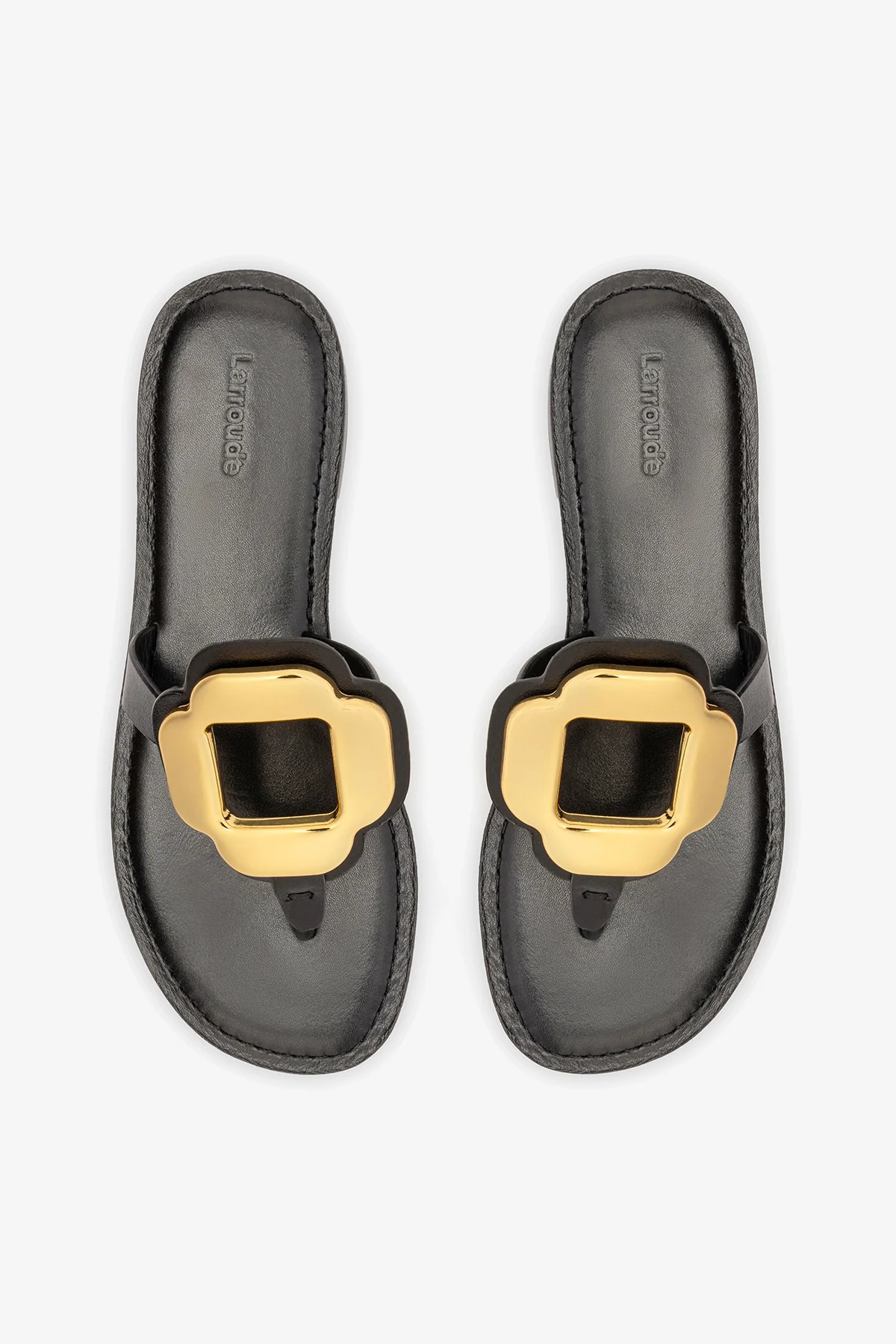 Margherita Thong Sandal in Black Leather and Gold Hardware - Image 6