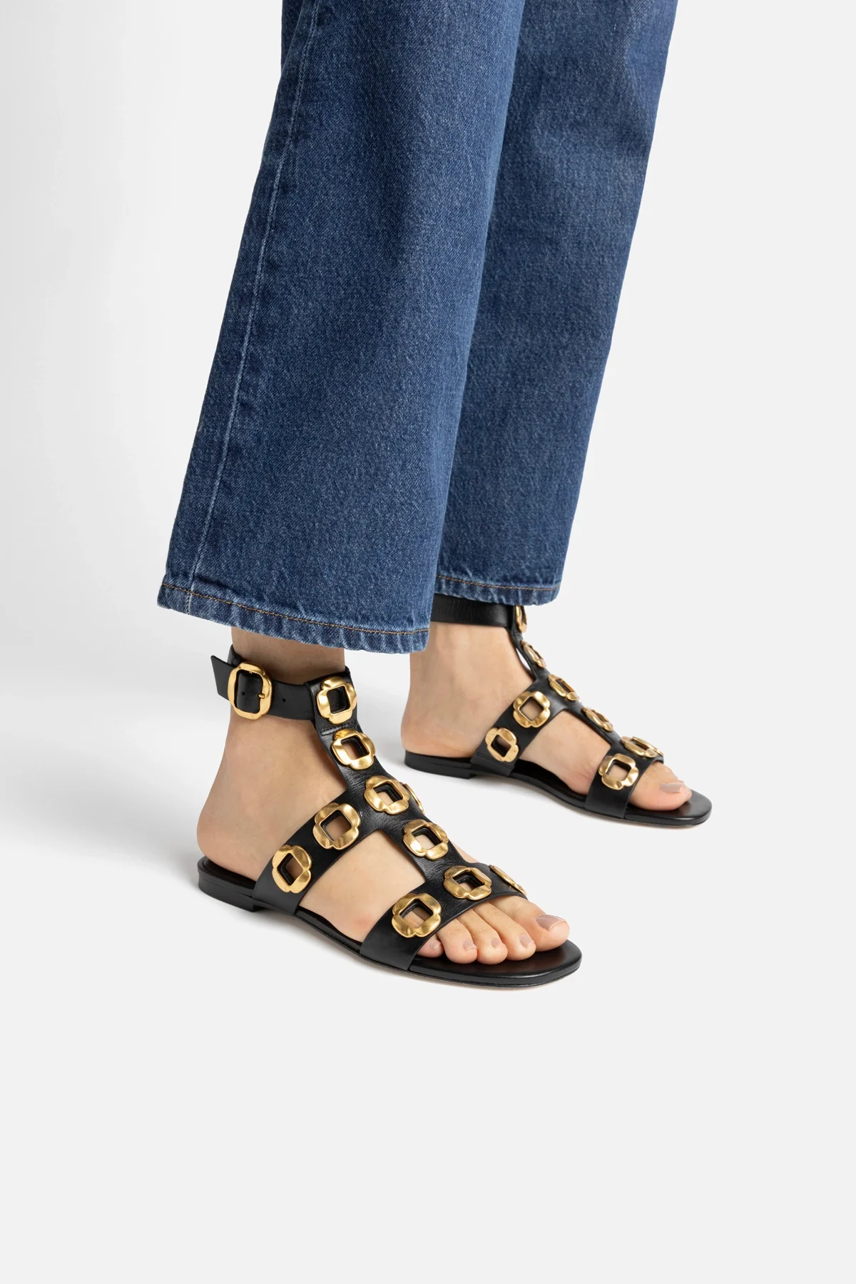 Milan Gladiator Flat In Black Leather - Image 2