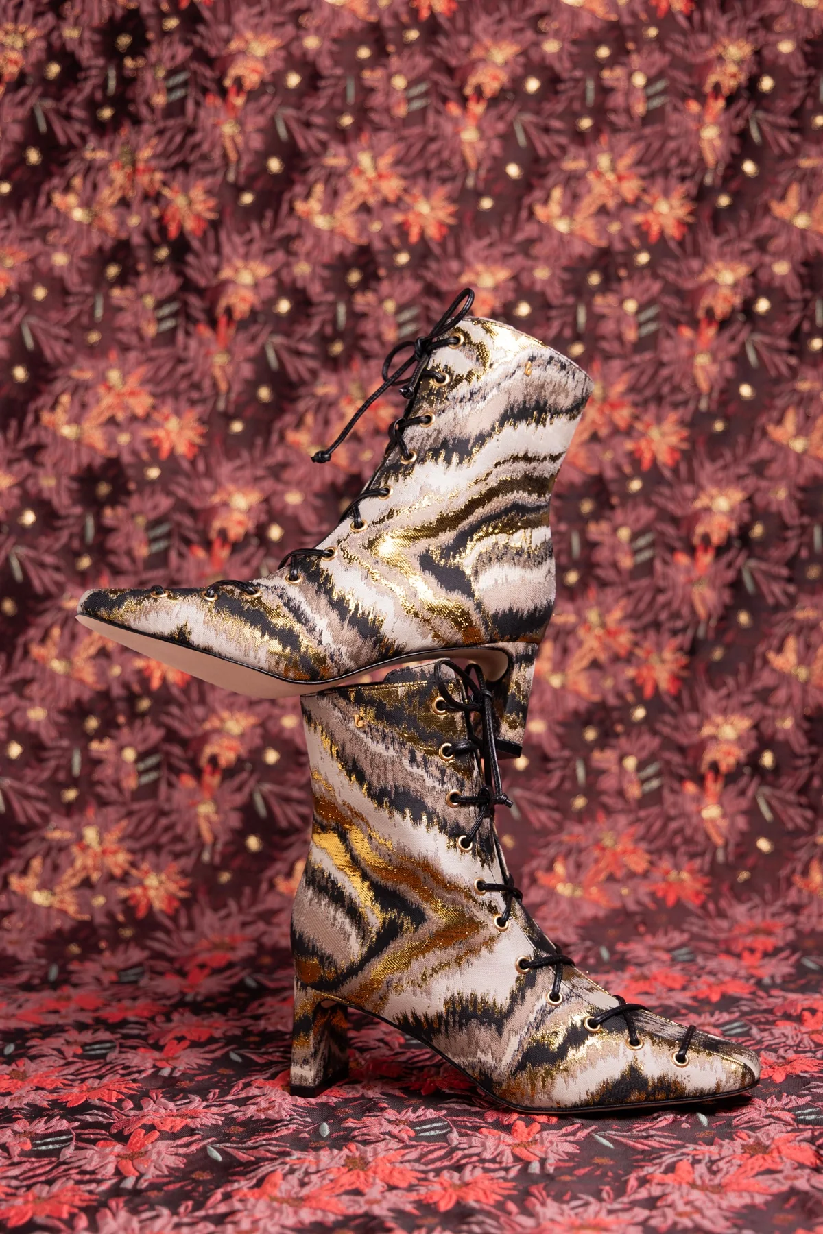 Larroudé x Markarian Alexis Boot In Floral Embroidery Gold Fabric - Image 6