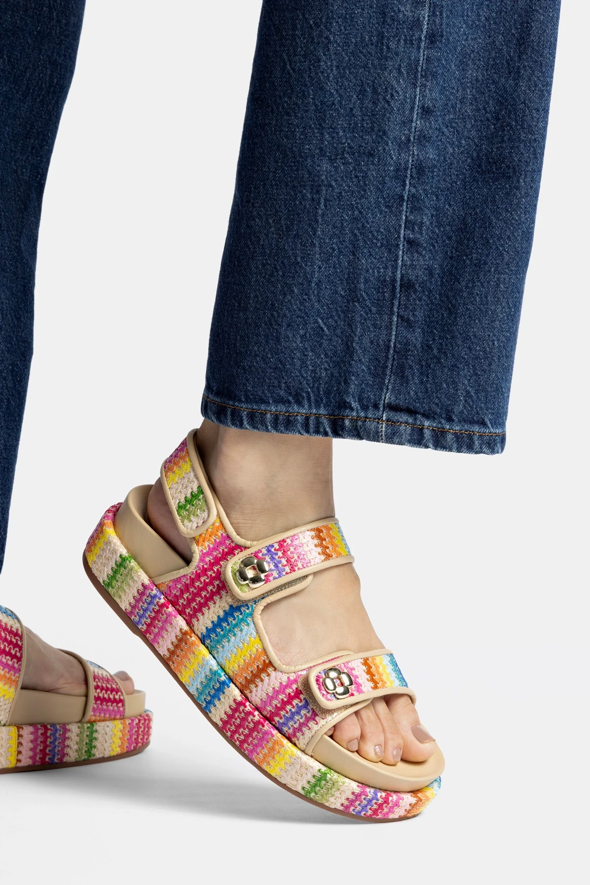 Jetty Sandal In Rainbow Raffia and Beige Leather - Image 2